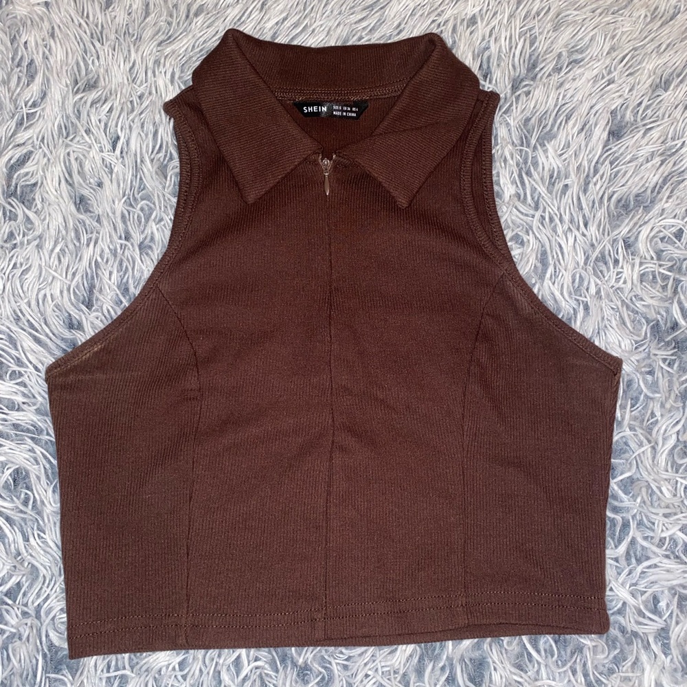 SHEIN brown cropped racer back zip up collar shirt - Picture 1 of 3